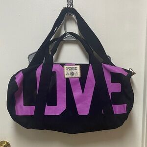 PINK Victoria's Secret Black and Purple LOVE canvas large duffle bag.